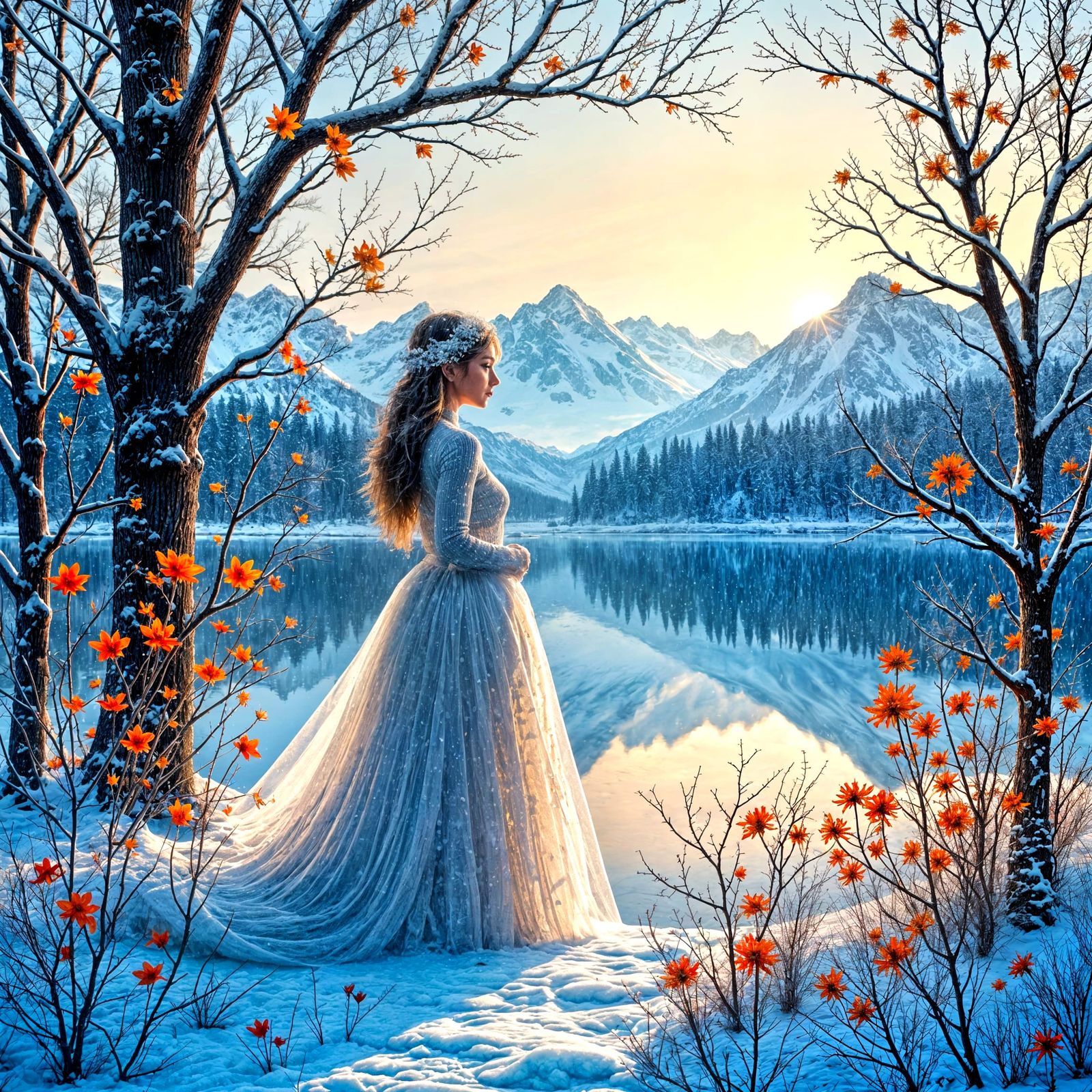 Golden Hour Frost on a Serene Lake Landscape