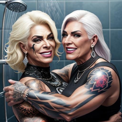 Hyperrealistic Bodybuilders Hugging in Shower