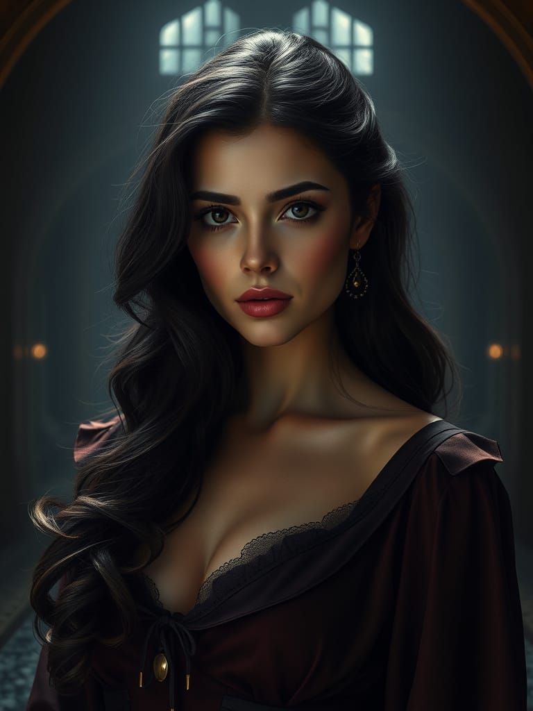 Elegant Brunette Portrait in Atmospheric Dystopian Style