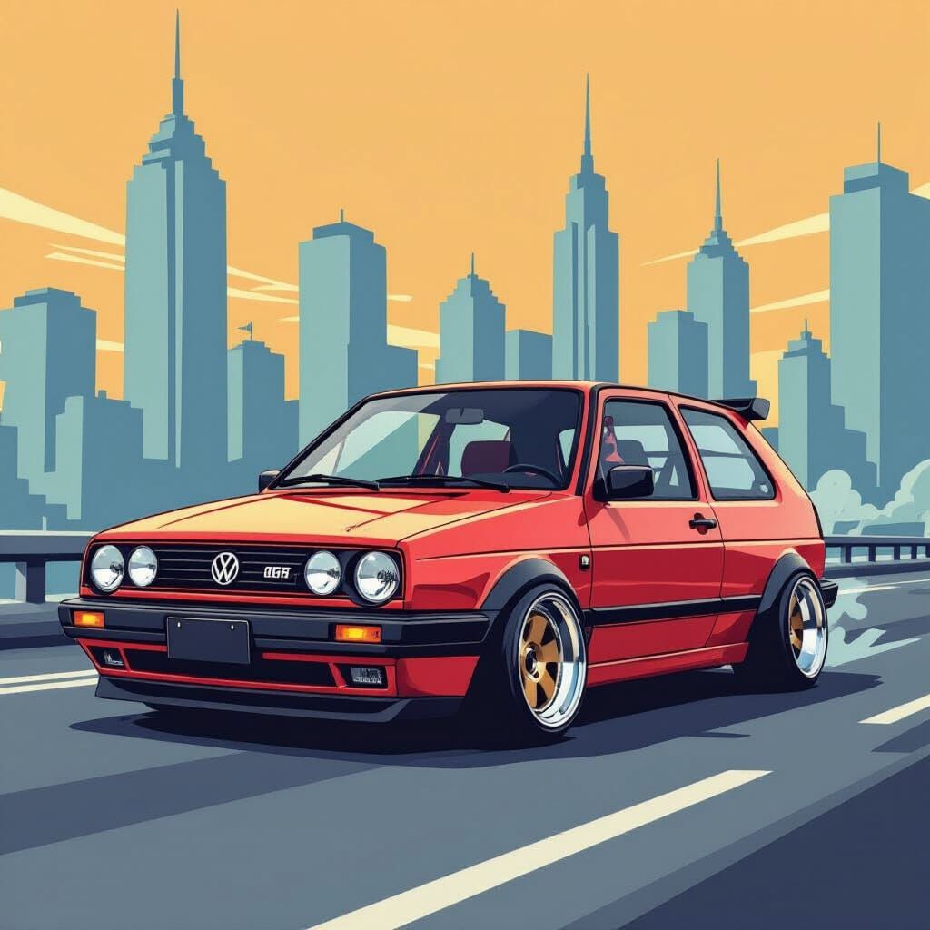 Cartoon 1991 Volkswagen Golf GTI in Cityscape
