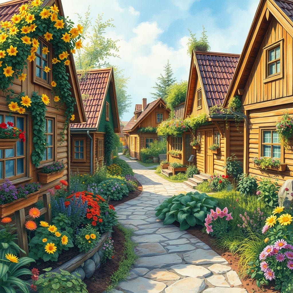 Vibrant Norwegian Flower Village in Whimsical Wonderland Sty...