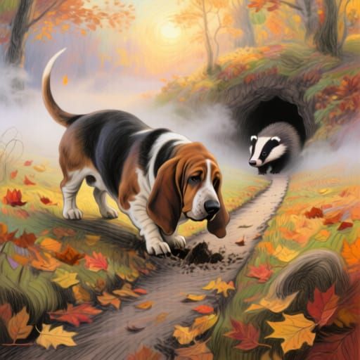 Basset Hound Digs Through Autumn Leaves to Badger Den