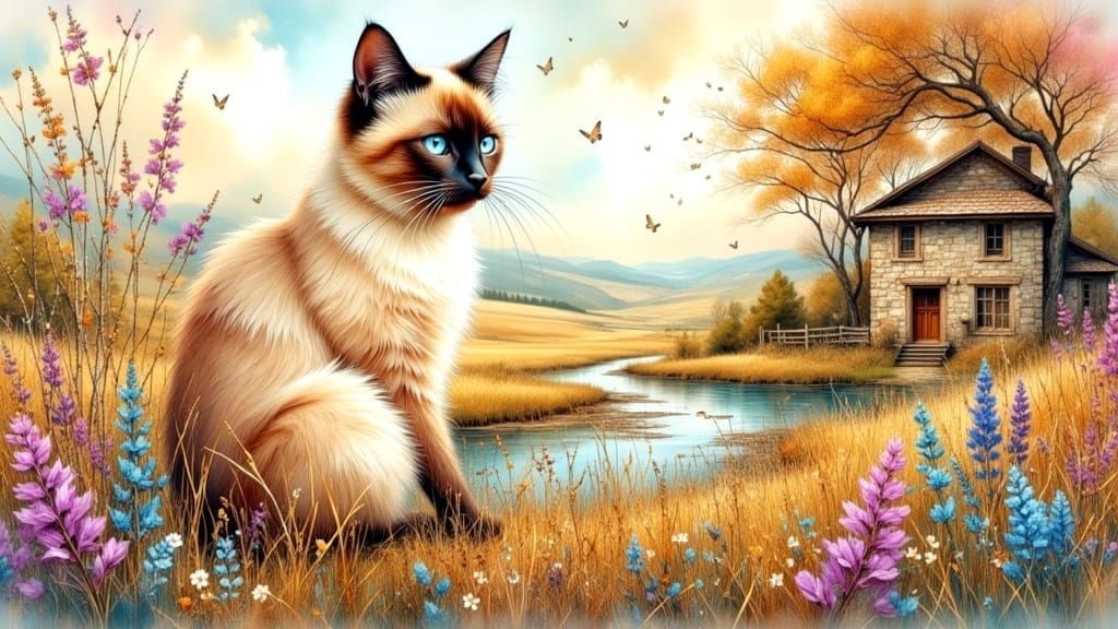Cute Fluffy Siamese Cat in Flower Field Landscape