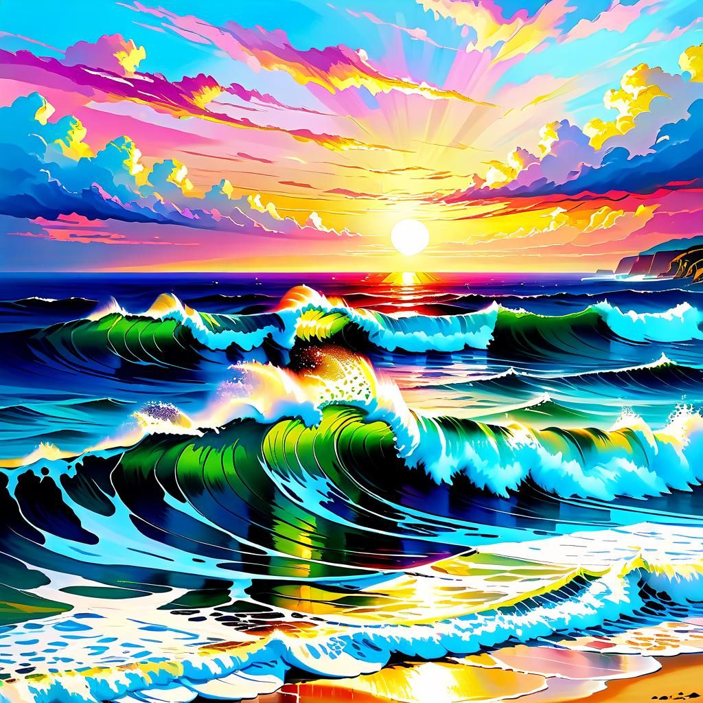 Colorful Romantic Sunset Over Sea in Expressionist Style
