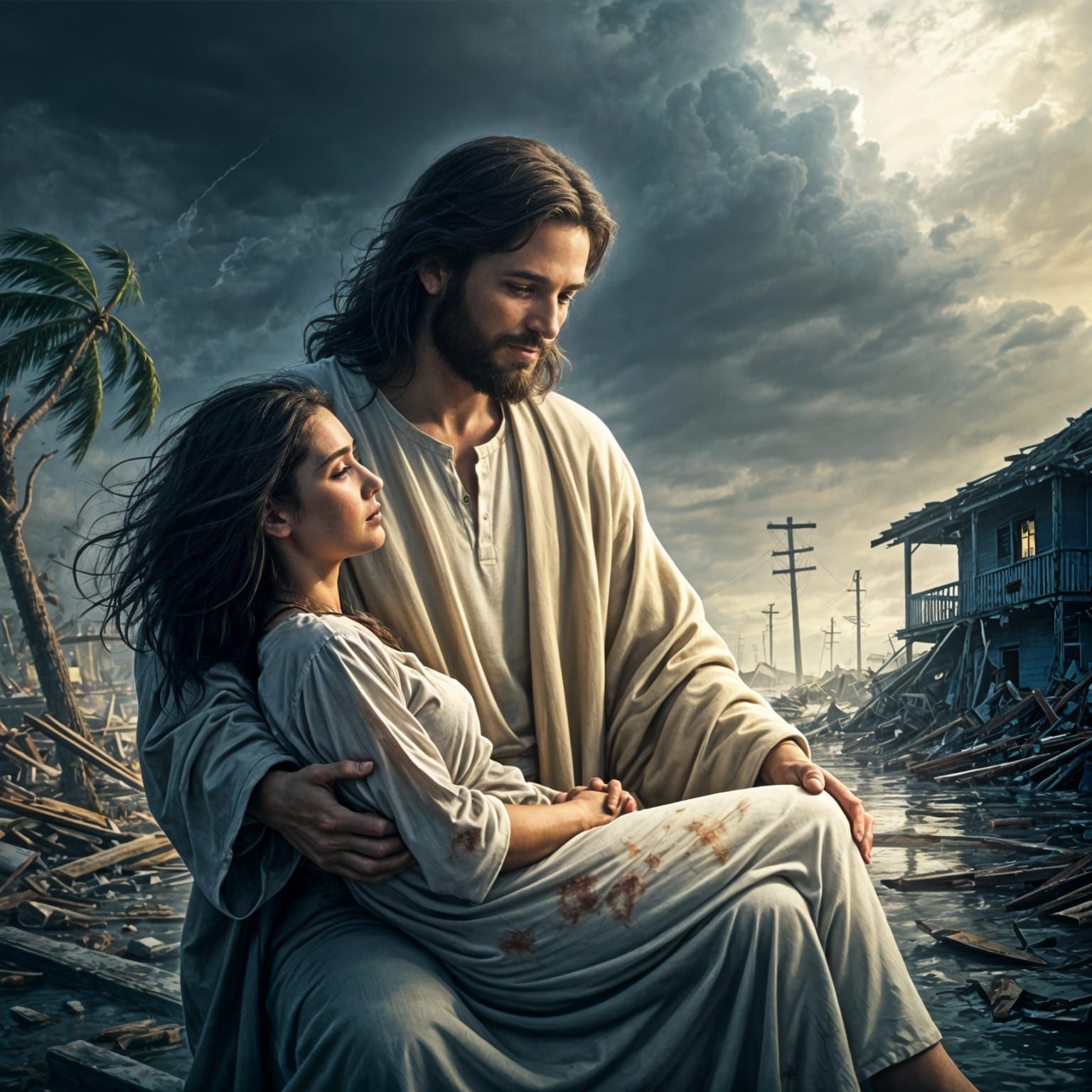 Jesus Comforts Woman Amidst Hurricane Aftermath