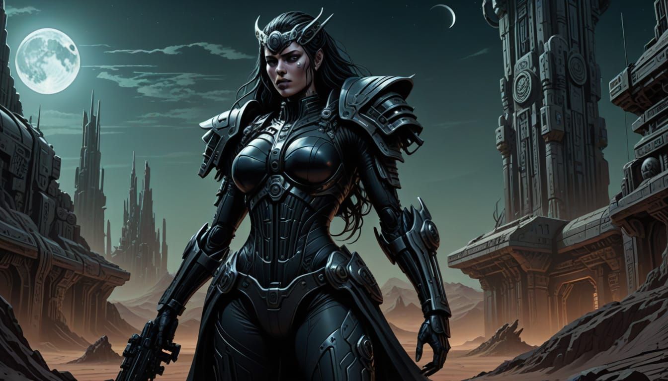 Cyberpunk Goddess in Desert Industrial Temple