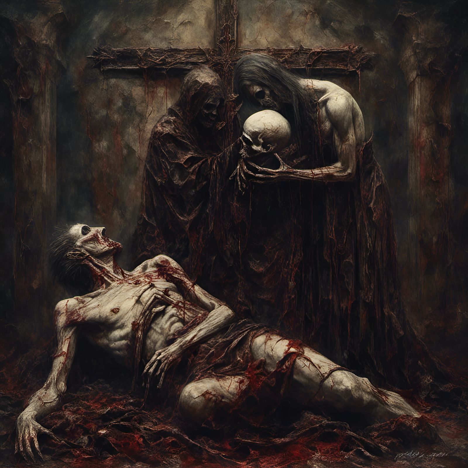 Rotting Zombie Priest in Crypt, Macabre Horror Style