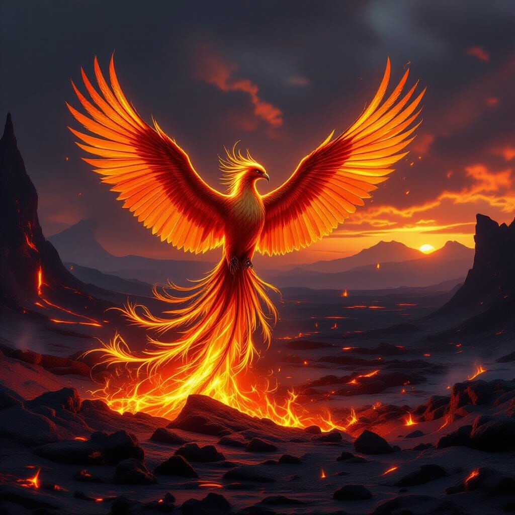 Phoenix Ascends from Volcanic Ashes in Molten Gold