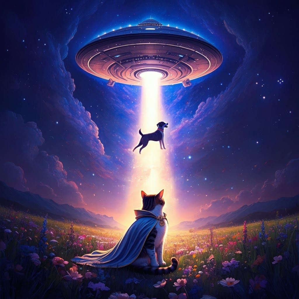 Cat Watching Spaceship Beam Up Dog, Digital Art