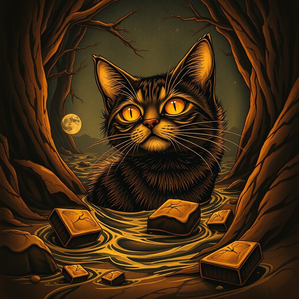 Chocolate Cat in Chocolate River: Golden Age Illustration