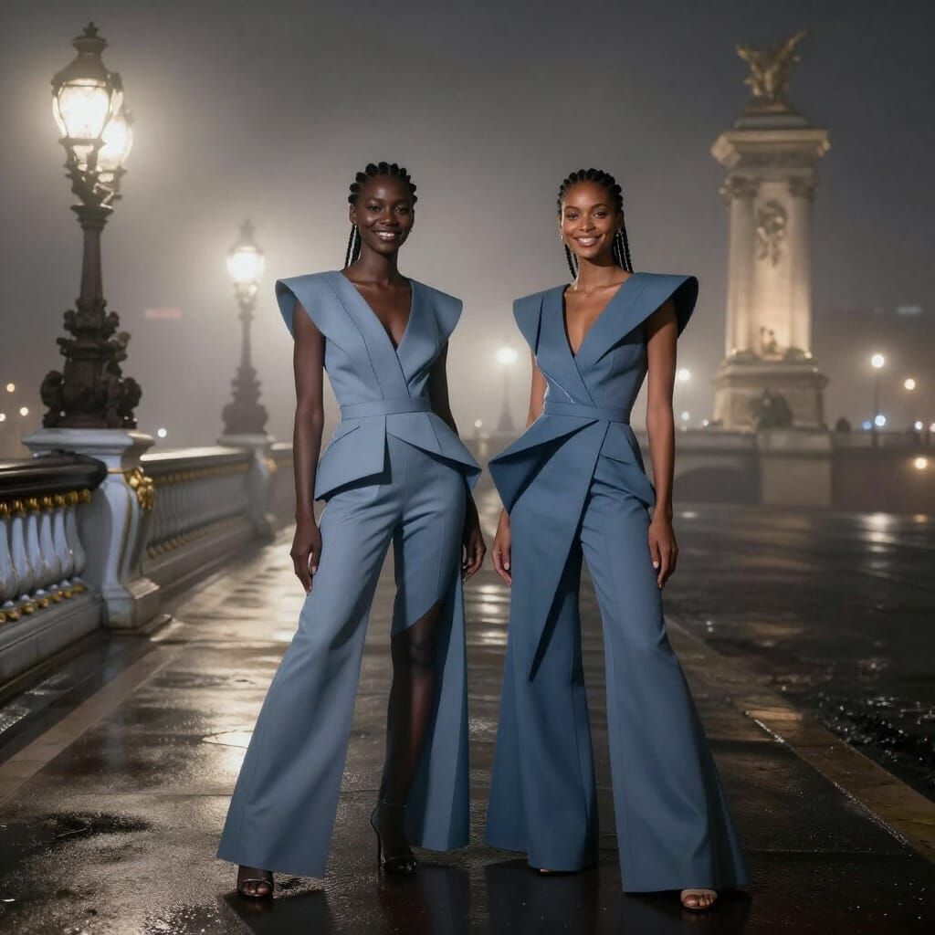 Avant-Garde Fashion Models on Foggy Paris Bridge