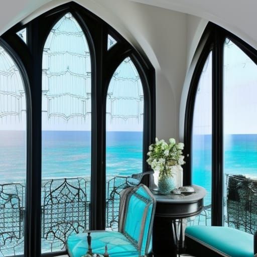 Ocean view gothic penthouse with turquoise walls& Black frames& Black Gothic furniture& elegant Labradorite table& Labra...