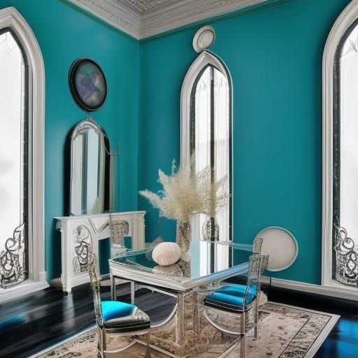 Ocean view gothic penthouse with turquoise walls& Black frames& Black Gothic furniture& elegant Labradorite table& Labra...