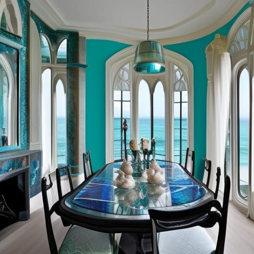 Ocean view gothic penthouse with turquoise walls& Black frames& Black Gothic furniture& elegant Labradorite table& Labra...