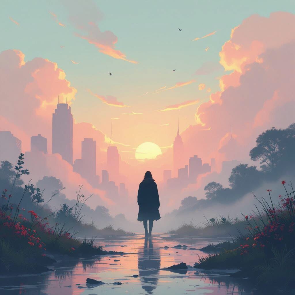 Ethereal Figure in Dreamy, Futuristic Landscape