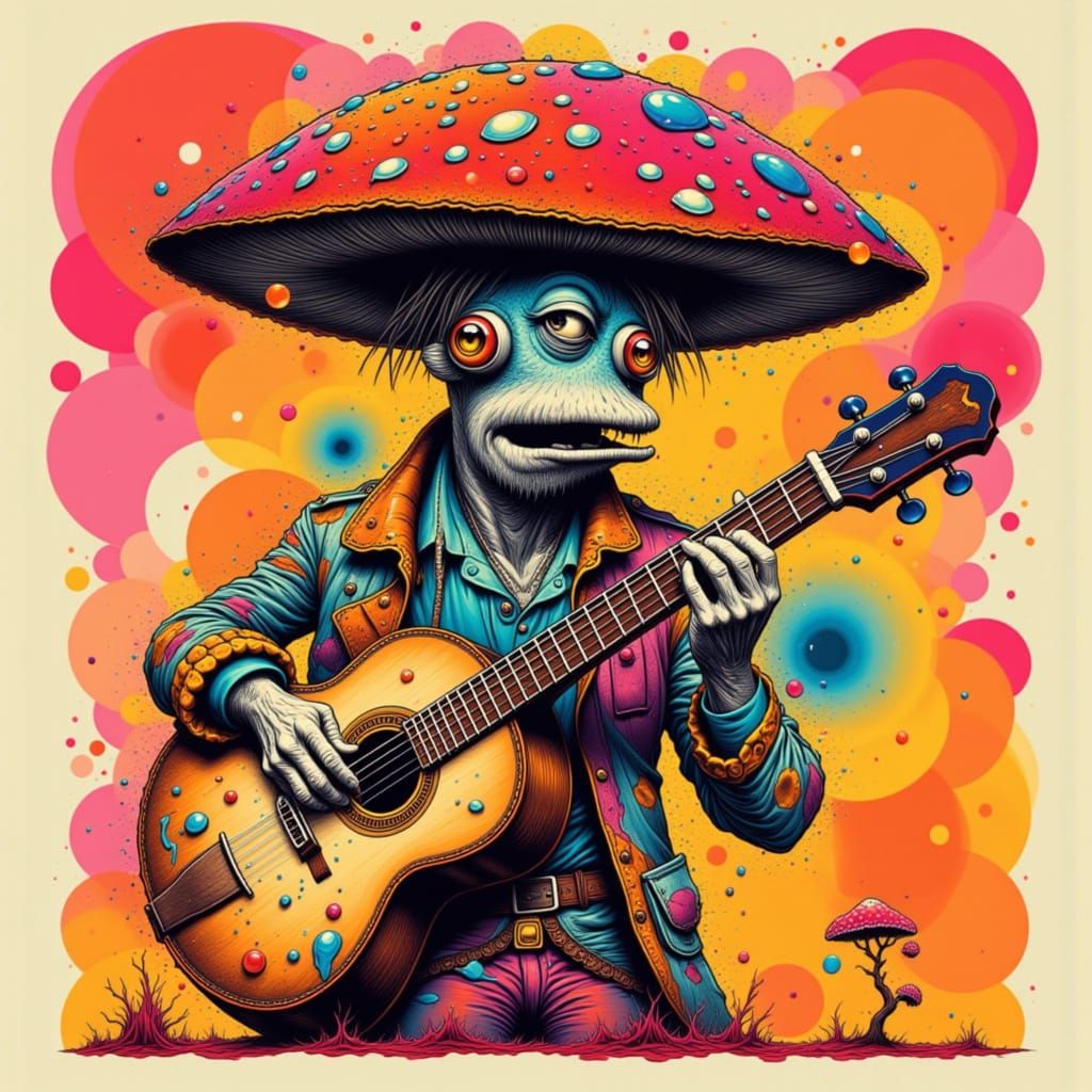 <lora:Pink elephants:1.0> <lora:eye in the sky:1.0> Hurdy-gurdy mushroom man <lora:Pulp Cover Art:1.0>