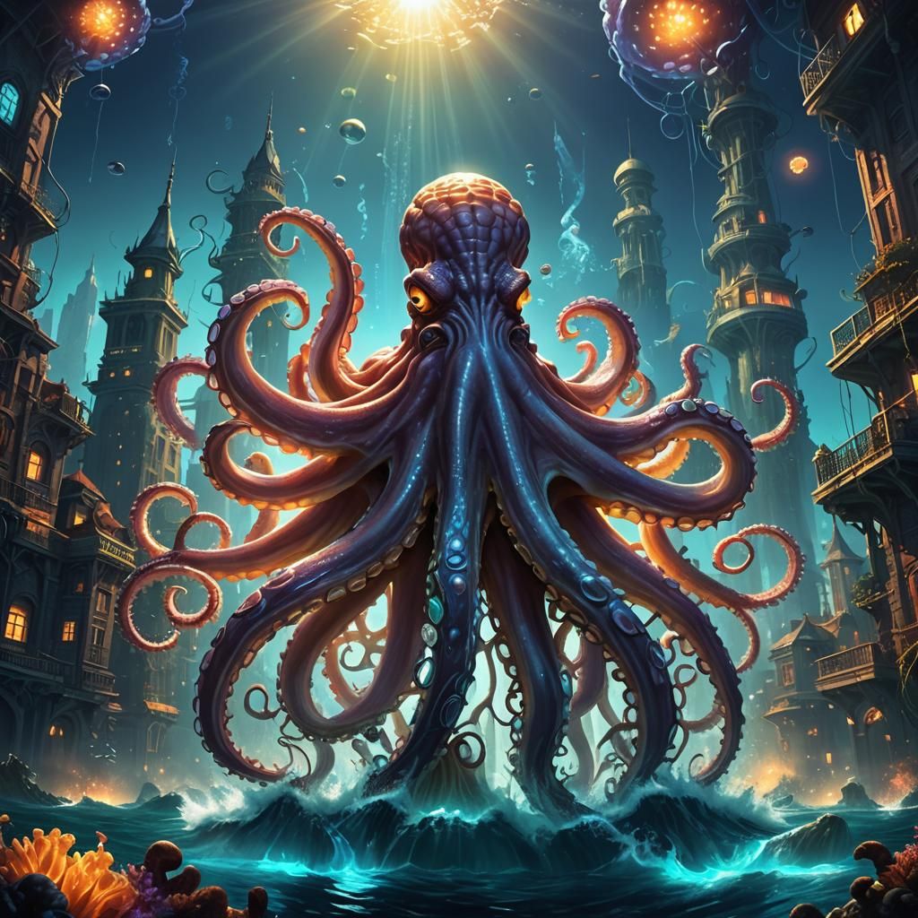 Colossal Octopus Emerges from Underwater City