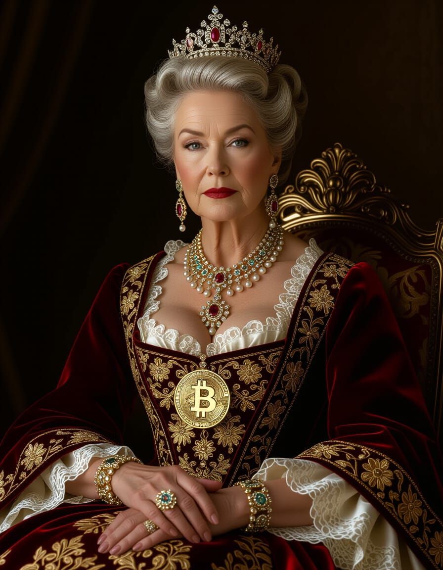 Regal Woman in Baroque Gown with Bitcoin Symbol