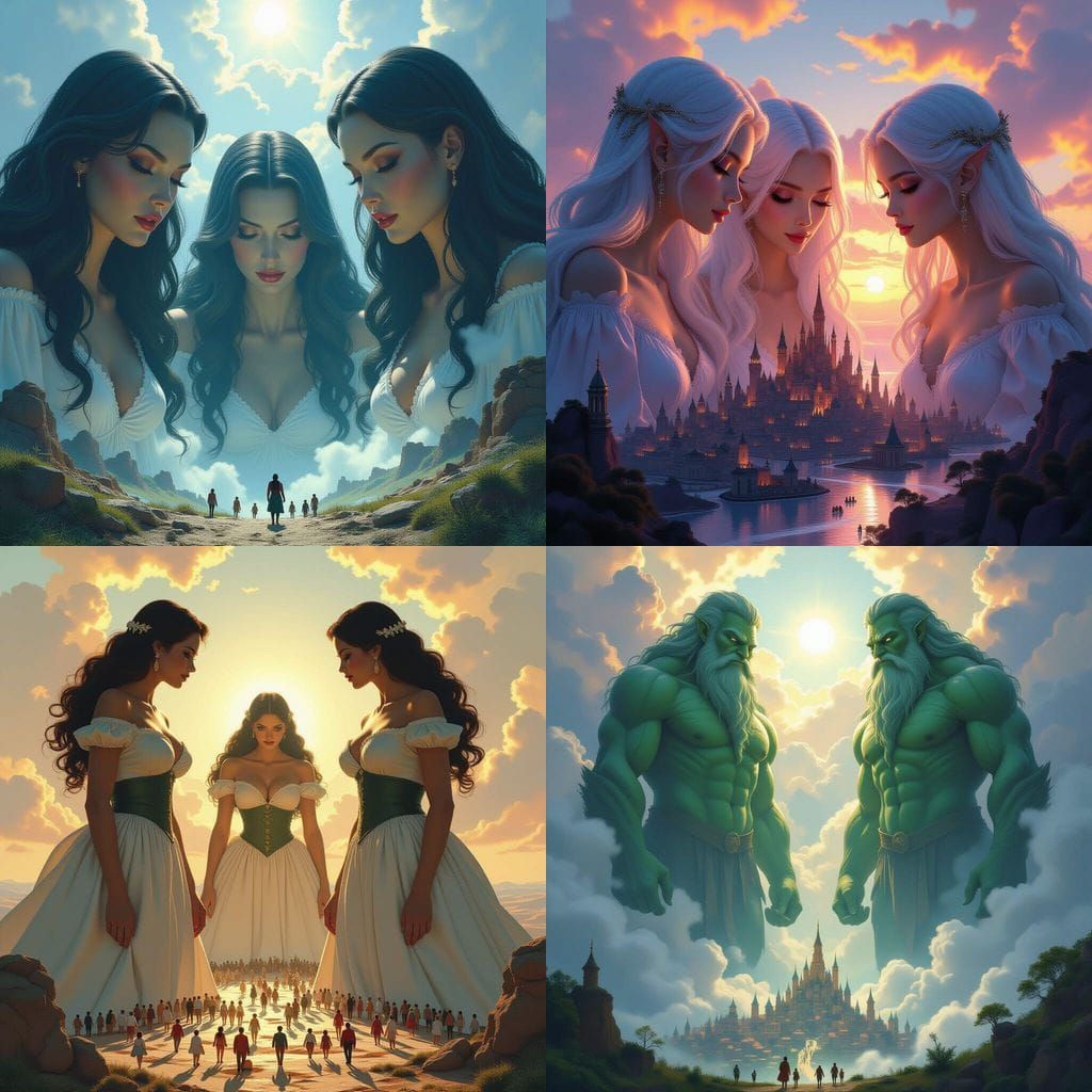 Four Giantesses Surveying Tiny Figures Below