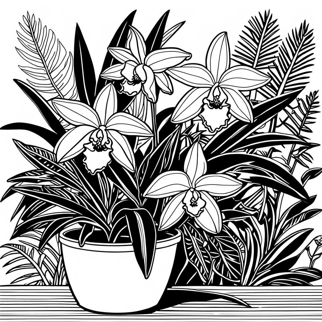 Coloring Page Style Cattleya Orchid Drawing