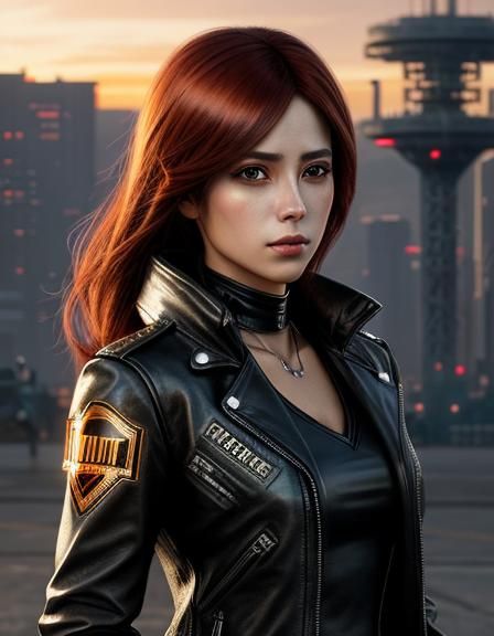 Cyberpunk Portrait of Woman in Leather Jacket