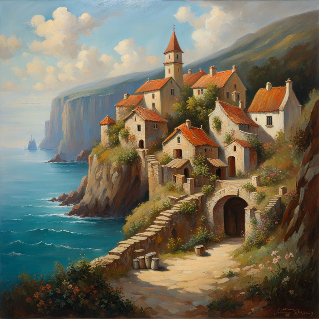 Picturesque Cliffside Village by the Sea in Oil Painting