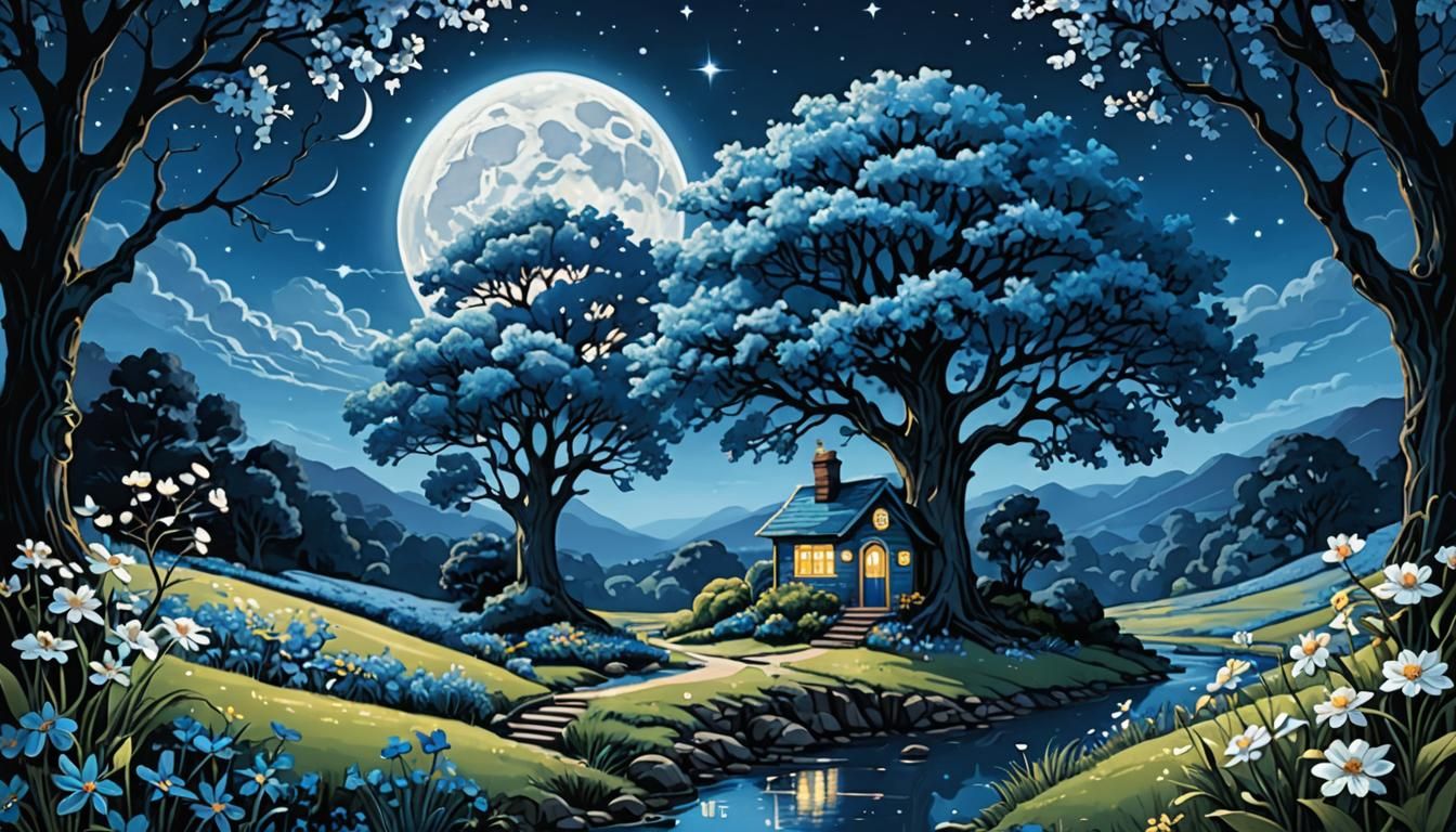 Blue Fairy Landscape Illustration in Monochrome