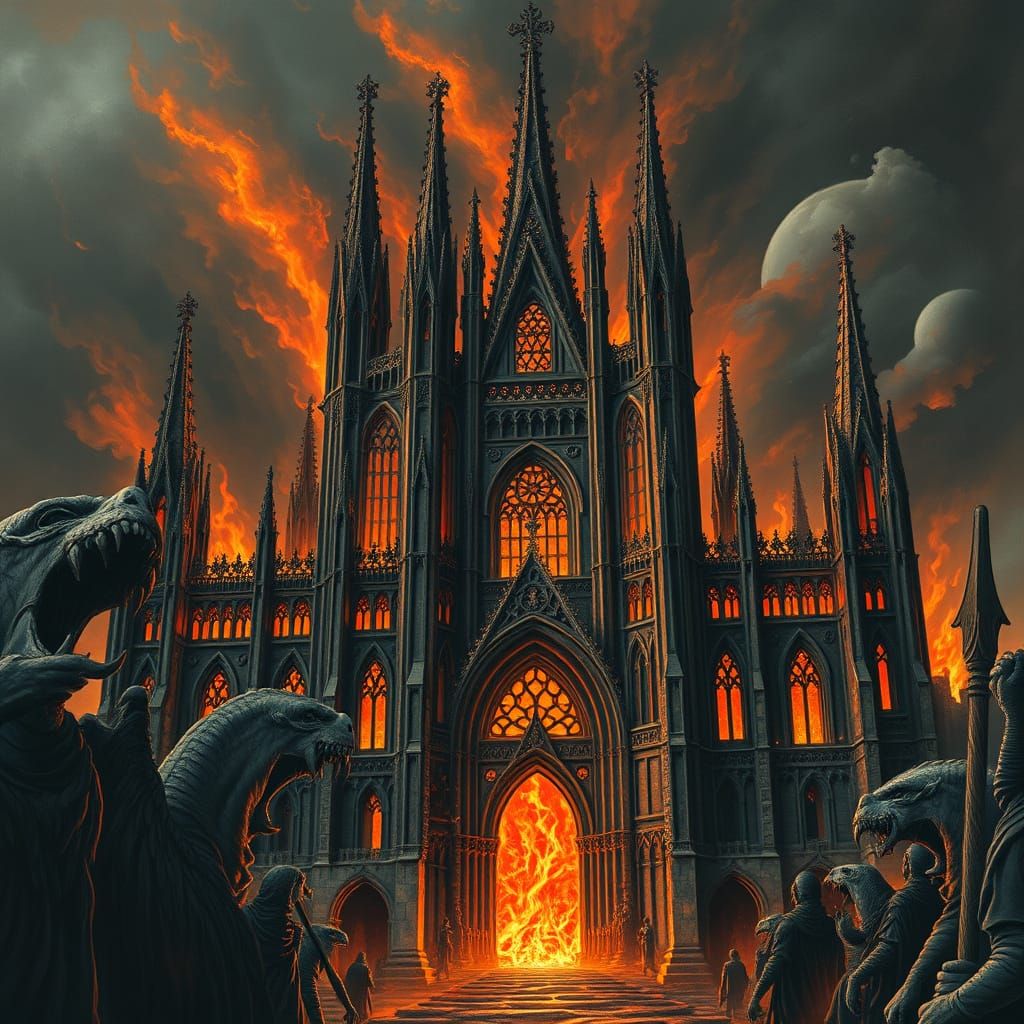 Infernal Gothic Cathedral Engulfed in Hellfire