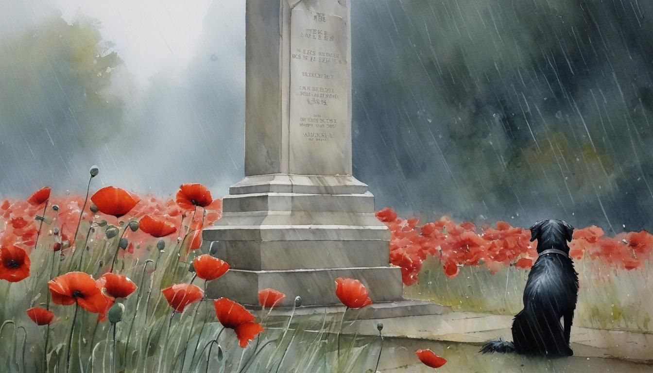 Dog at War Memorial in Rainy Watercolor