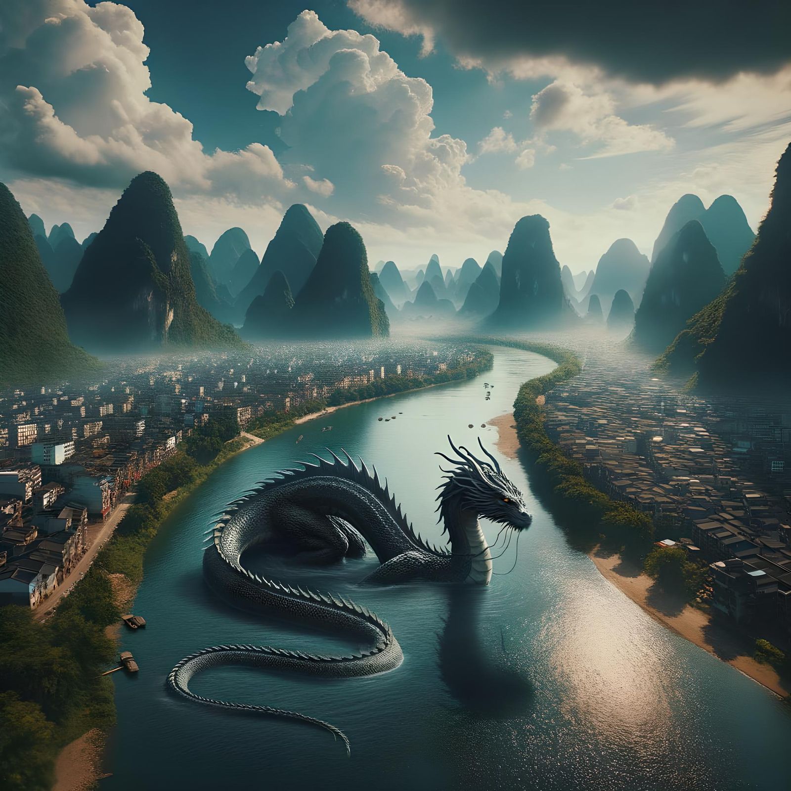 Guilin China: Gigantic Water Dragon Aerial View