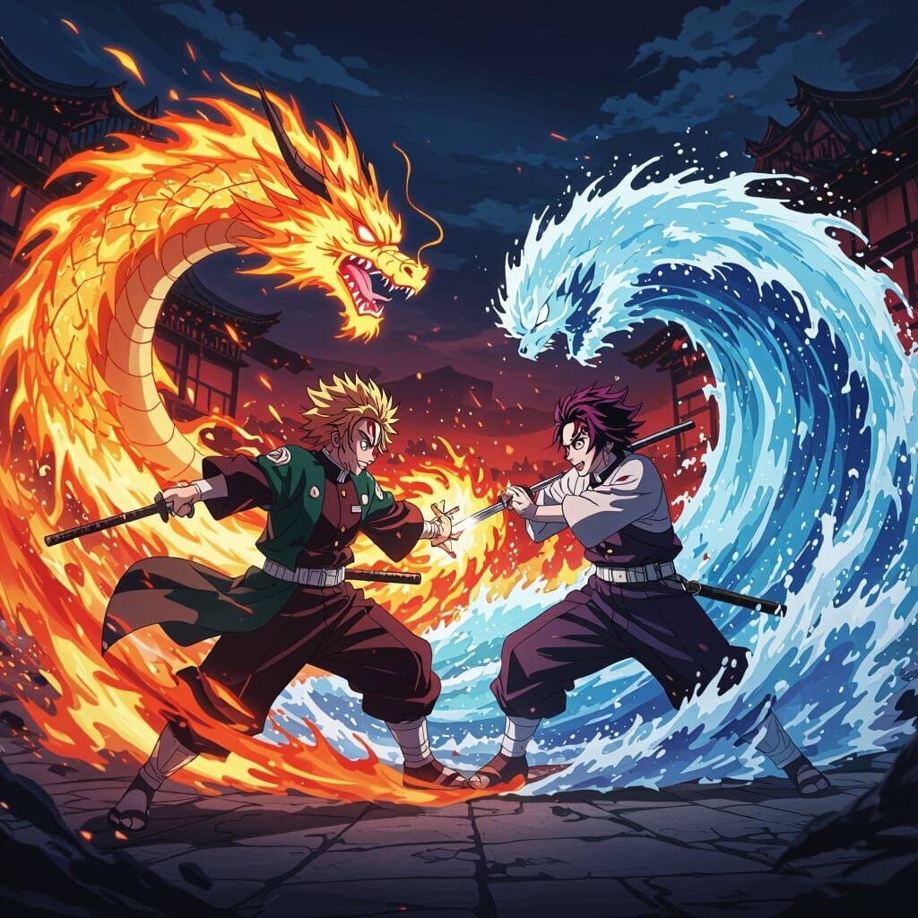 Fiery Water Breathing Anime Battle Scene