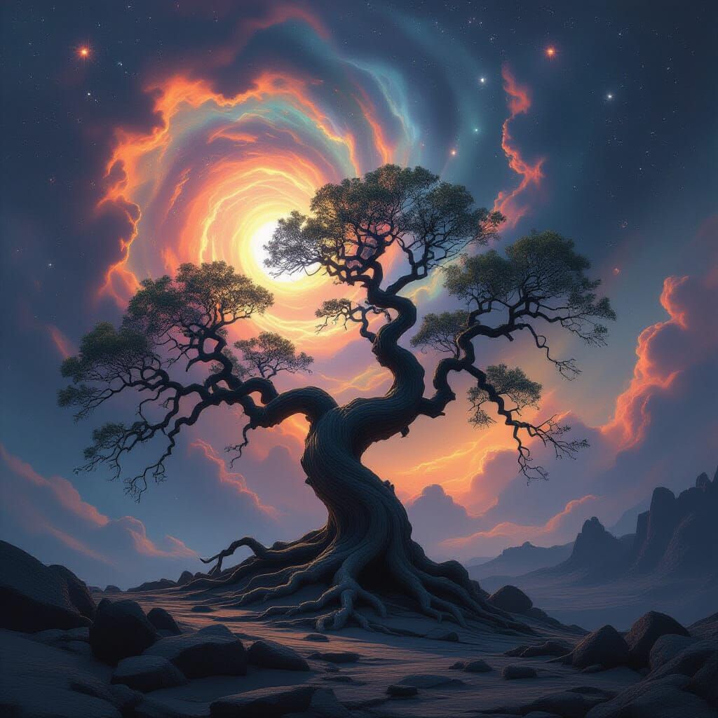Ancient Tree on Rocky Outcrop Under Nebula