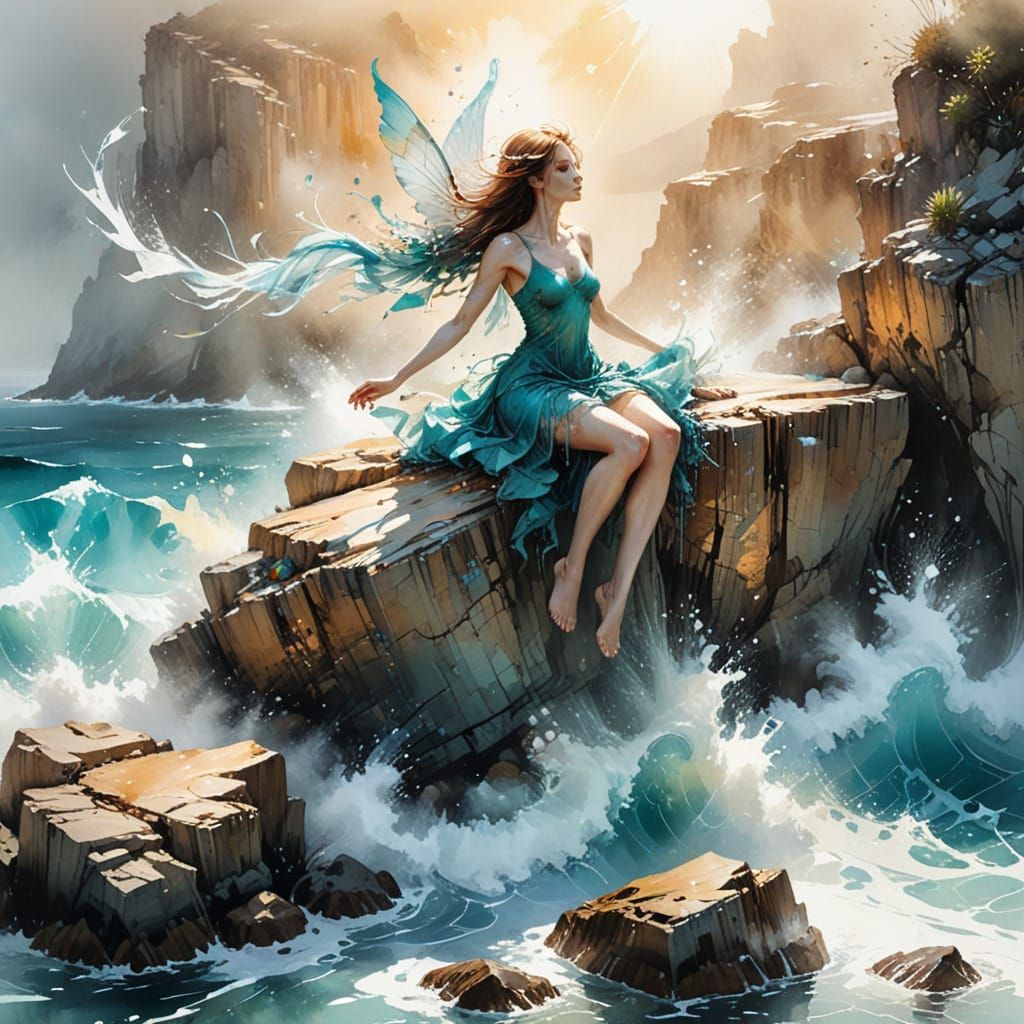 Faerie Soaring Above Coastal Cliffs, Digital Art