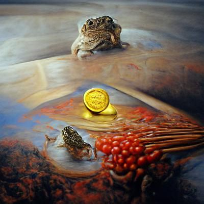 Toad on Golden Coin at Ritual Altar in Hyperrealism