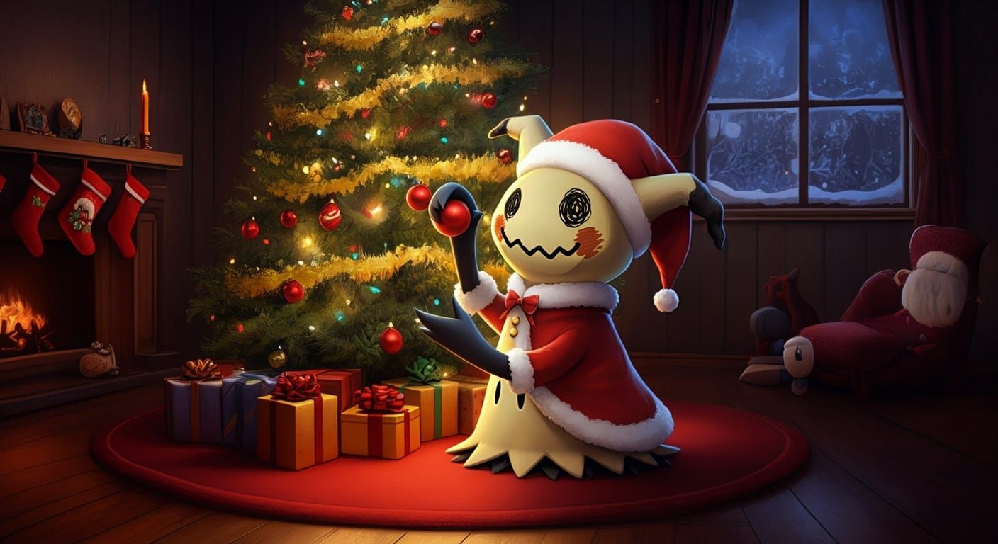 Mimikyu Donates to a Christmas Tree Scene