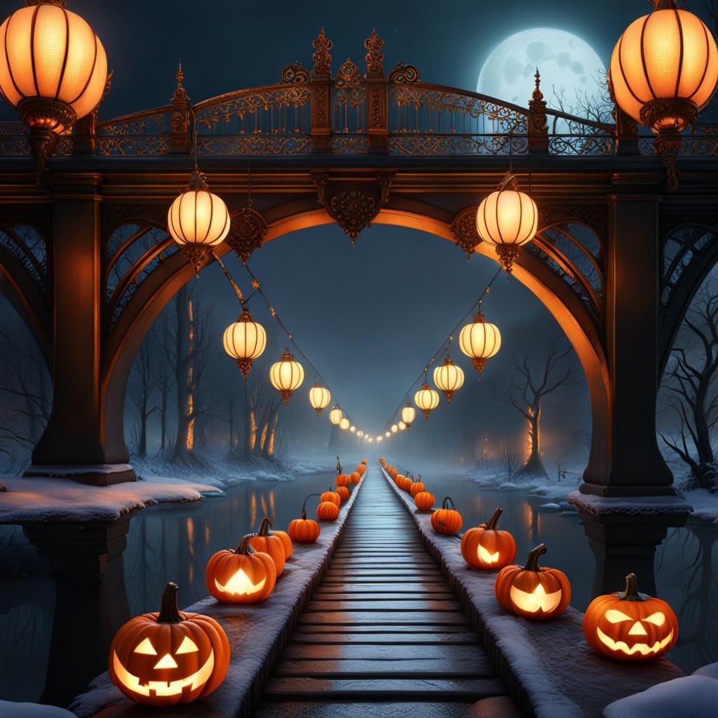 Snowy Jack-o-Lantern Pathway on Cold River under Victorian Bridge