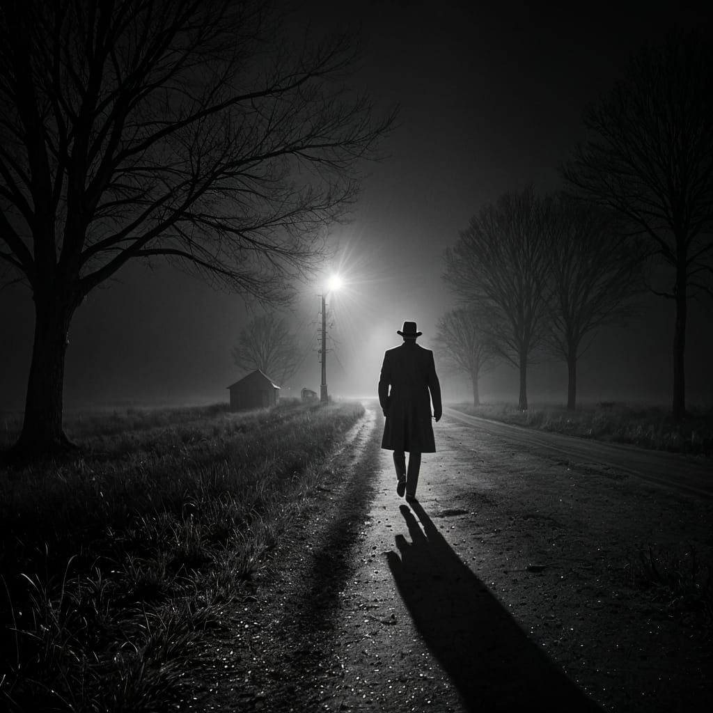 Noir Man with Flashlight on Rural Road at Night