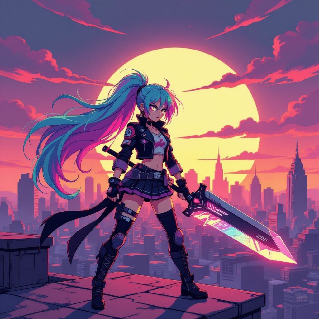 Anime Punk Girl with Energy Sword on Retro City Rooftop