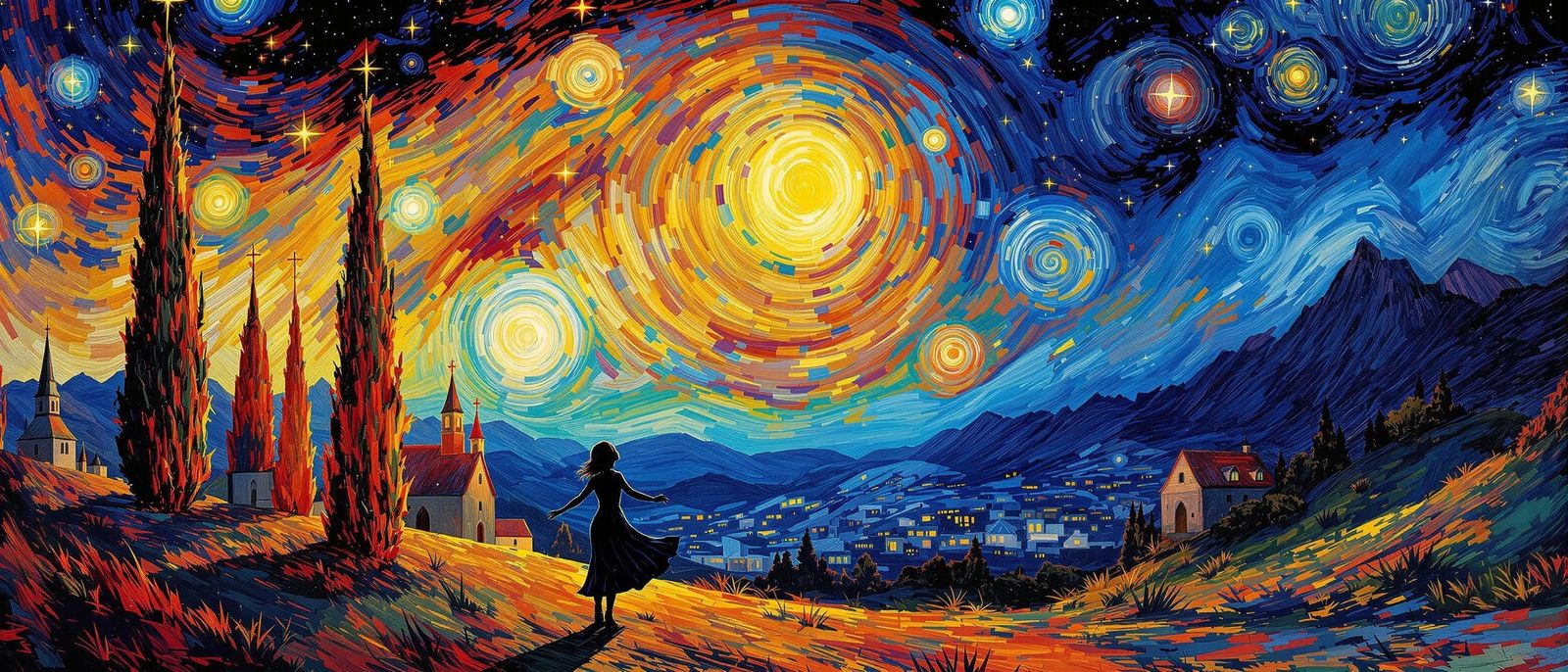 Starry Night Inspired Post-Impressionist Scene