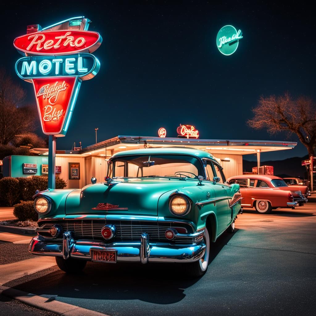 Retro Motel at Night with Neon Sign