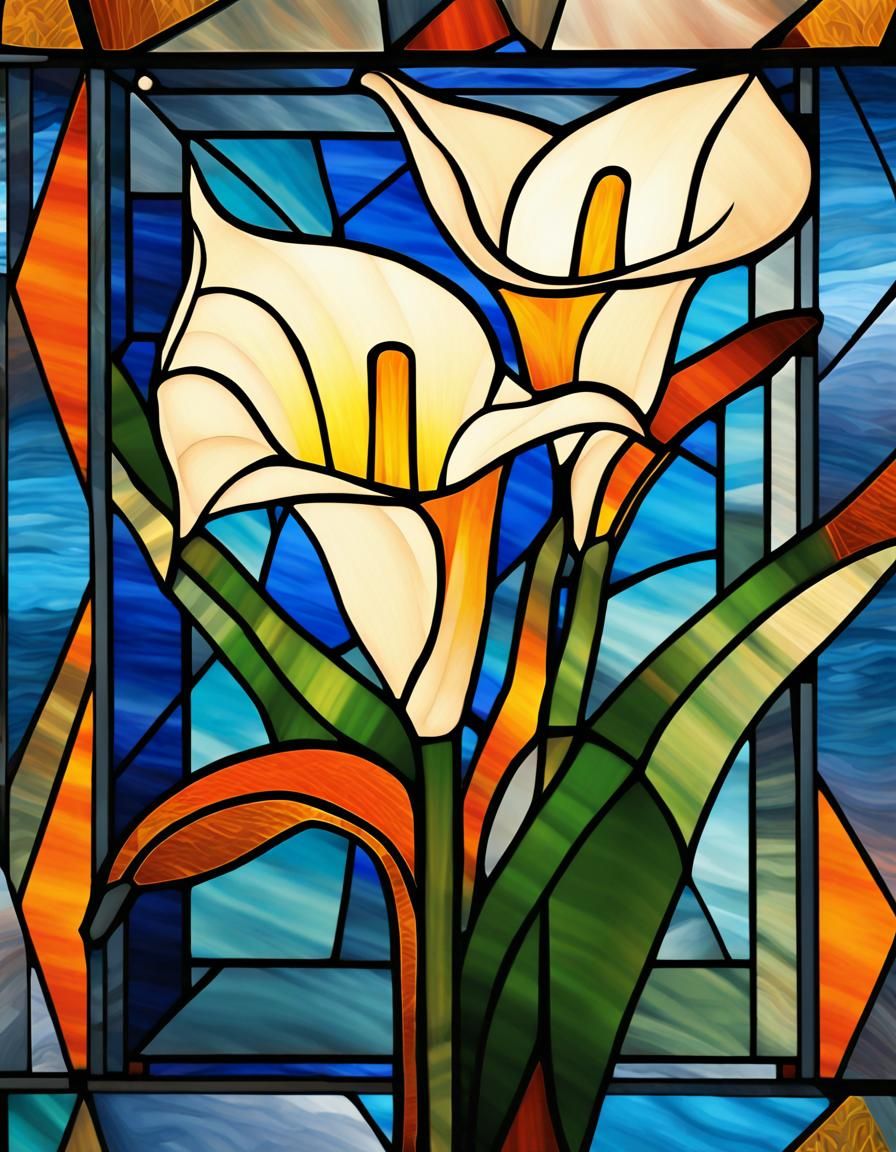 Art Deco Stained Glass Calla Lily Cubist Mosaic