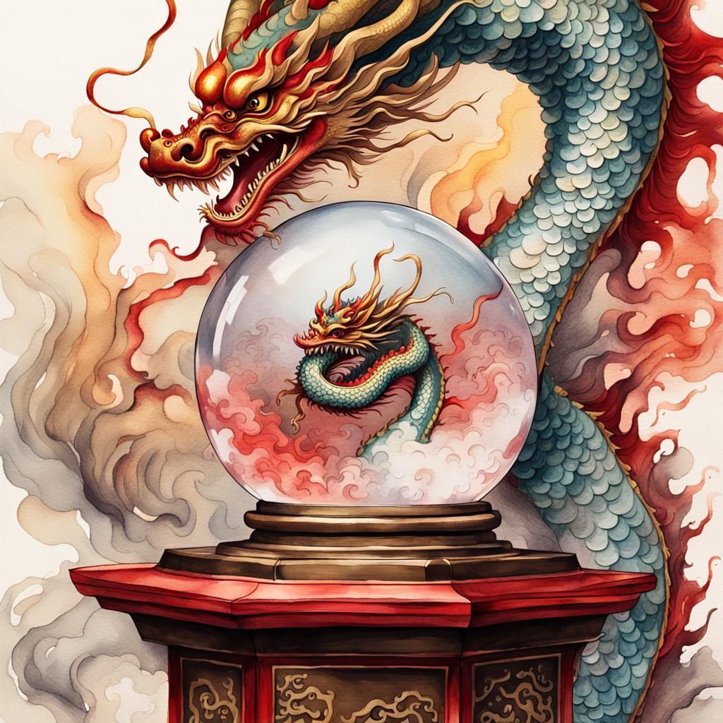 Chinese Dragon Guardian: Ink and Watercolor Painting