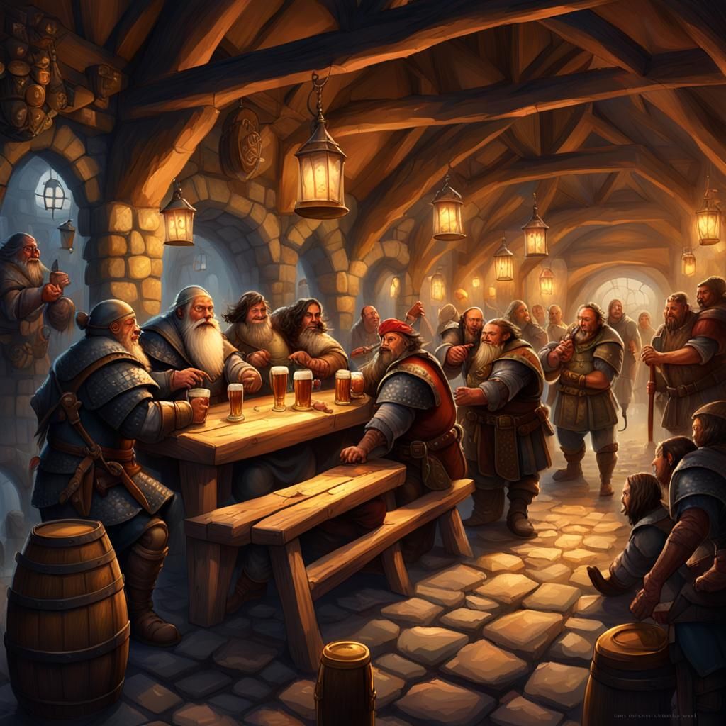 Lively Medieval Tavern Scene in Dark Fantasy Style