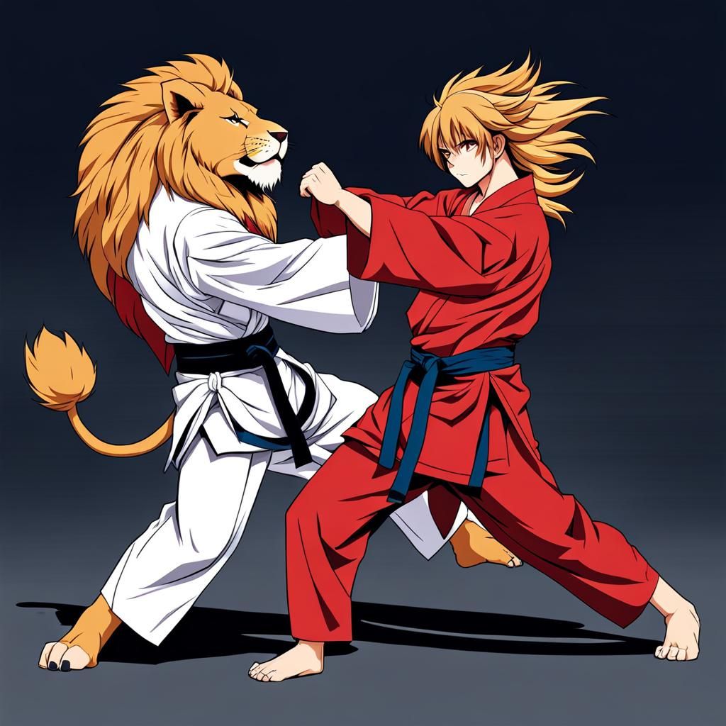 Lion with Human Body Practicing Martial Arts in Anime Style