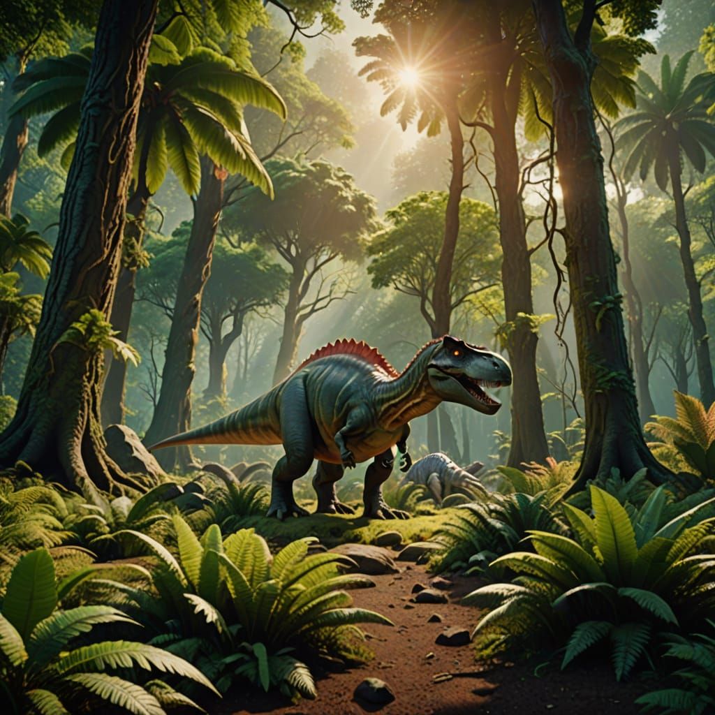 Dinosaurs Roam a Lush Prehistoric Landscape