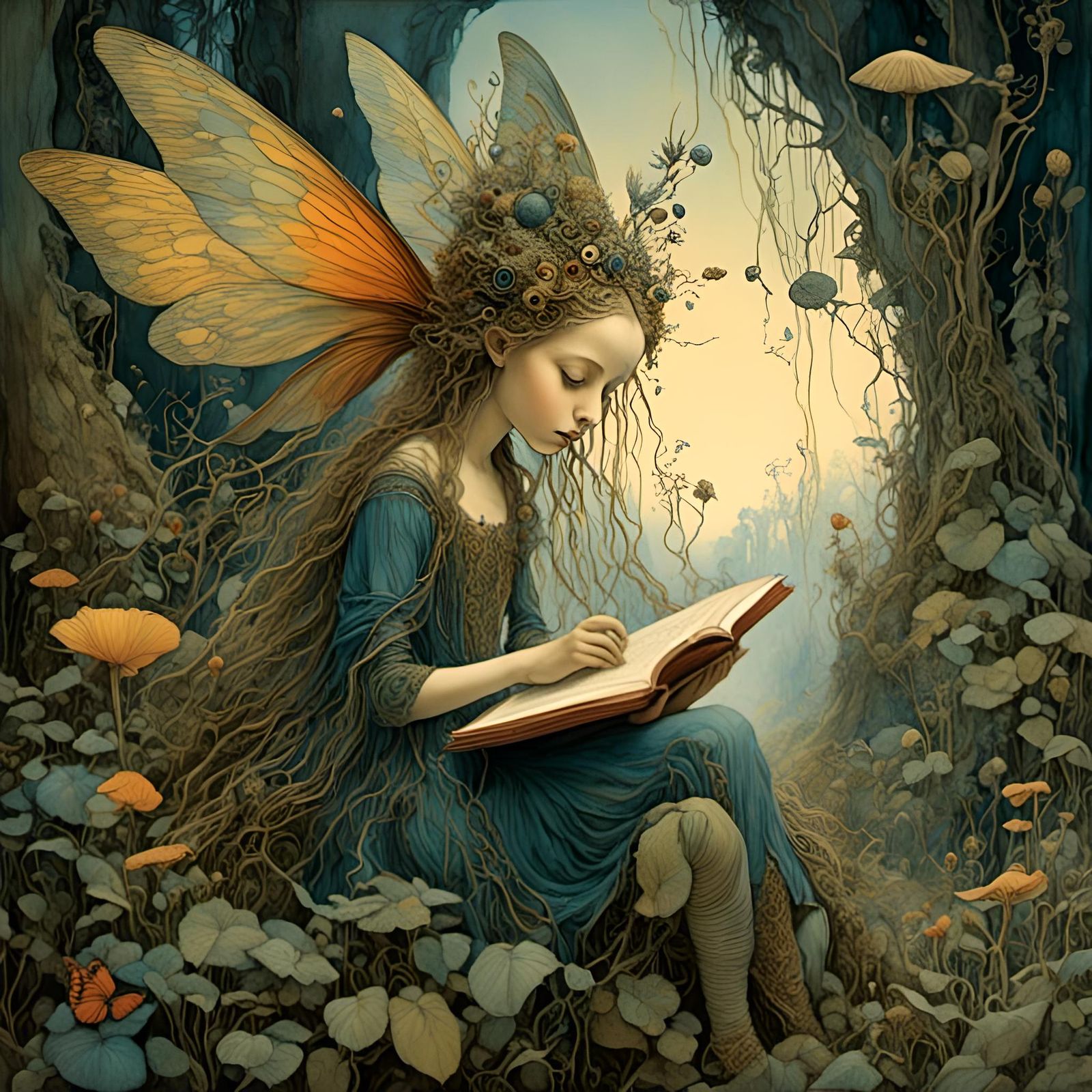 Fairy Reading Book in Enchanted Garden Illustration