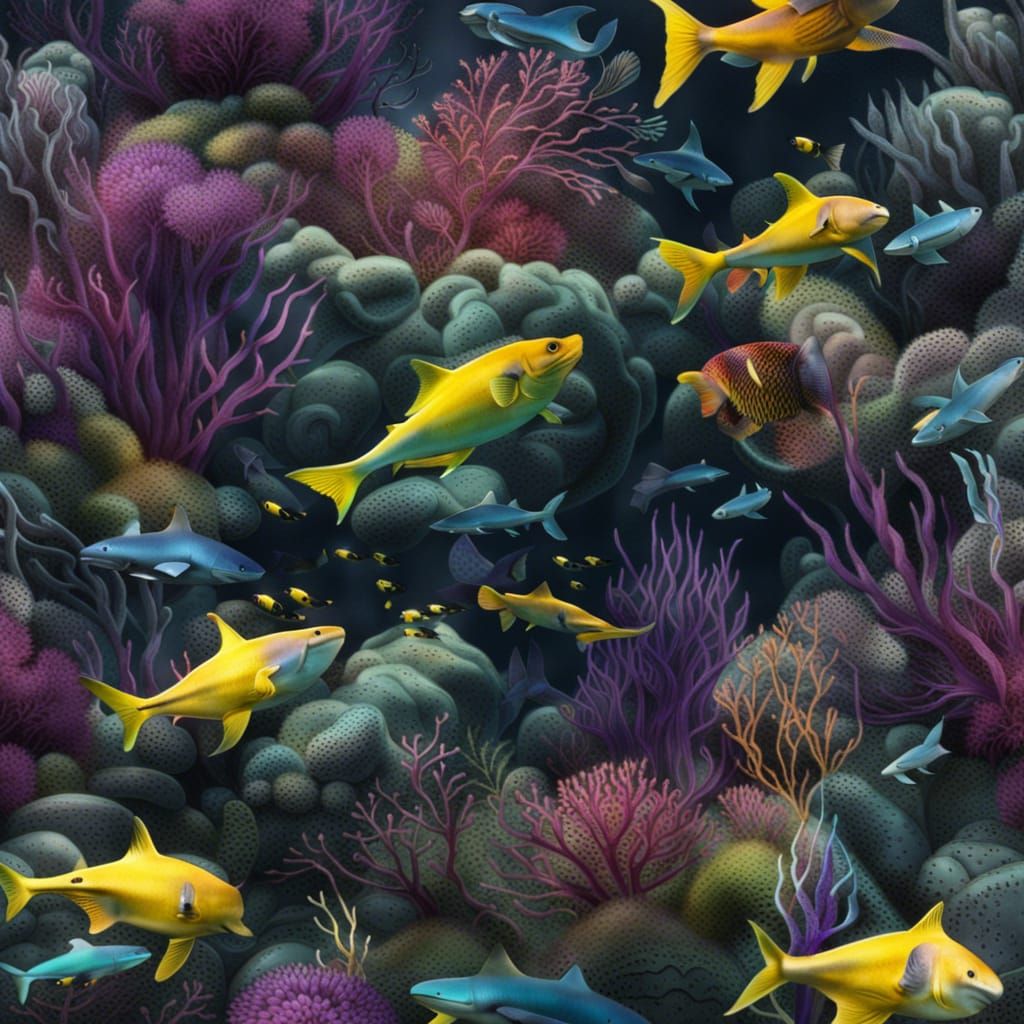 Underwater Ecosystem in Green, Black with Yellow Fish