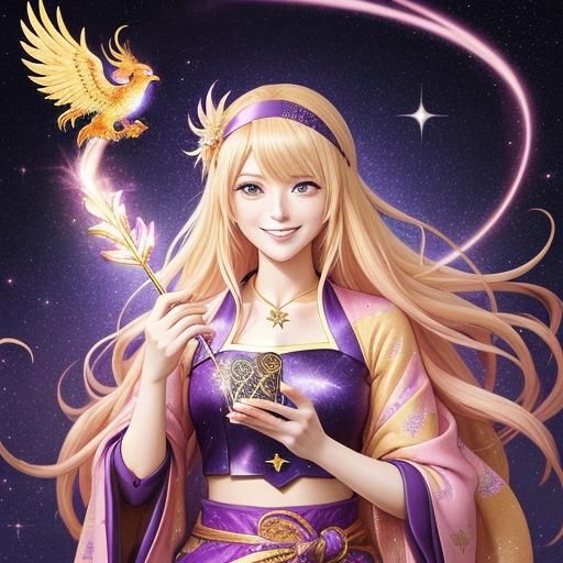 Anime Blonde with Tarot Cards in Starry Sky