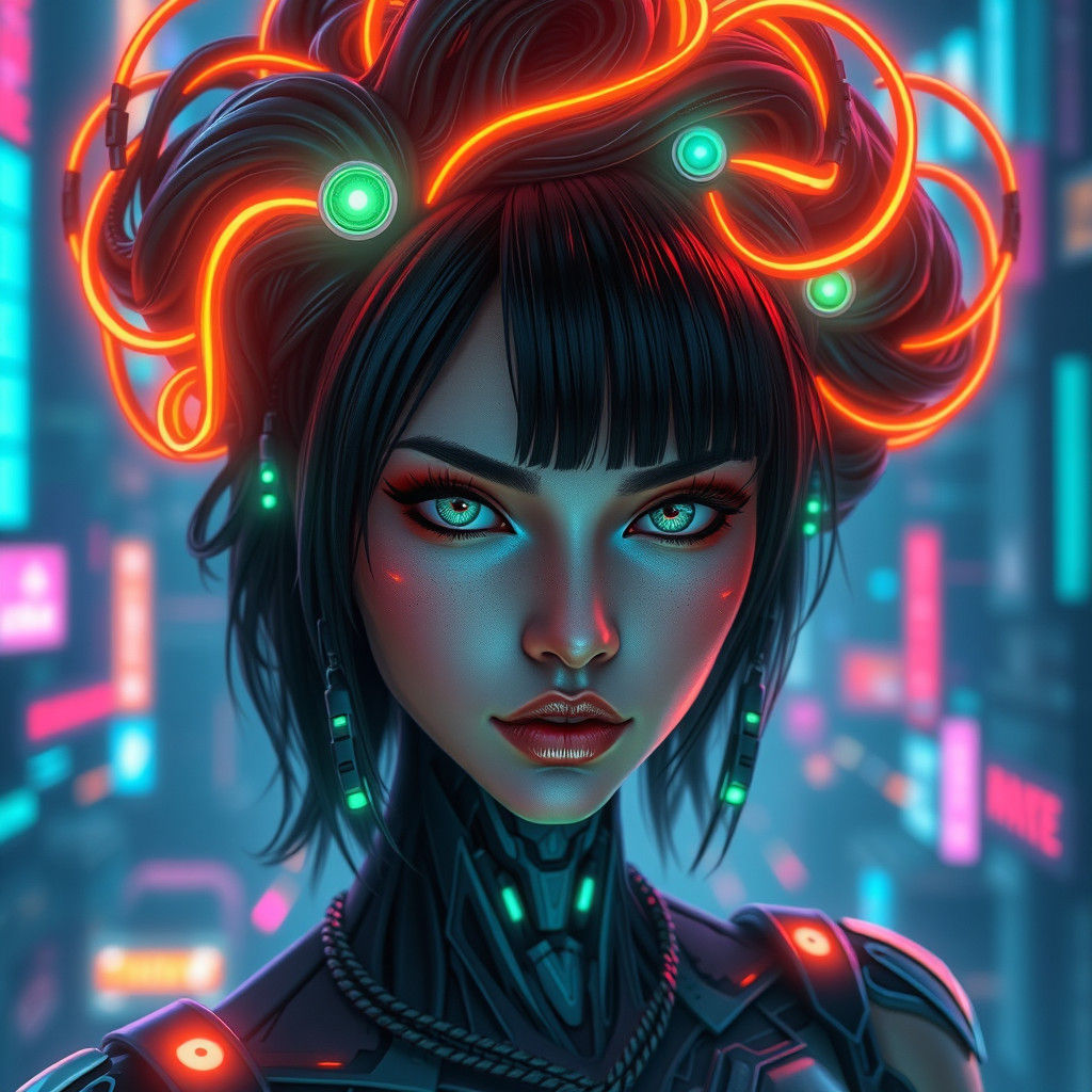 Cyberpunk Android Queen with Emerald Eyes in Neon City