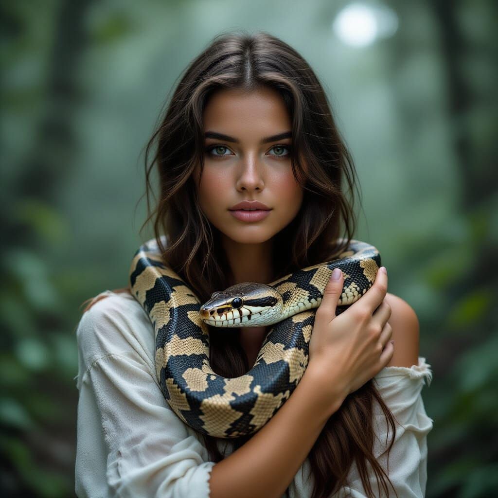 Woman with Snake in Misty Forest Photography